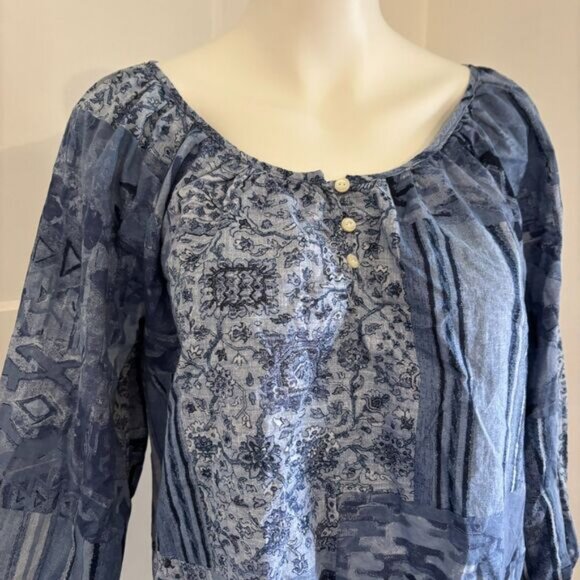 Lauren Ralph Lauren size Medium Blue Boho Patterned Preppy Cotton Peasant Blouse - Picture 4 of 7